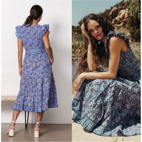 CLEOBELLA AUTUMN MIDI DRESS IN BLUE PAISLEY PRINT WITH POCKETS SIZE SMALL - Picture 3 of 15